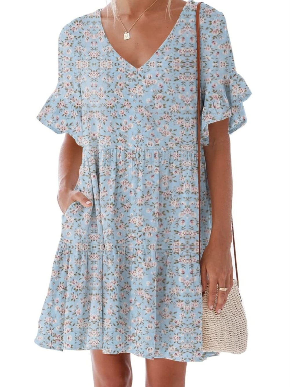 Light Blue Floral V-Neck Tiered Mini Dress